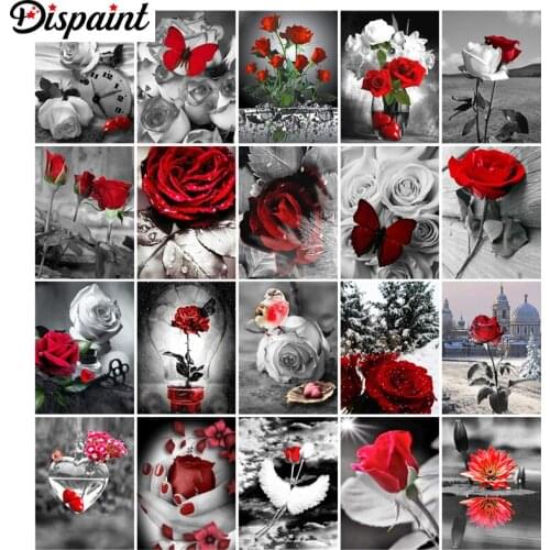 Dispaint Full Drill Diamond Painting "Red rose flower scenery"DIY Picture Of Rhinestone 5D Diamond Embroidery Cross Stitch Decor