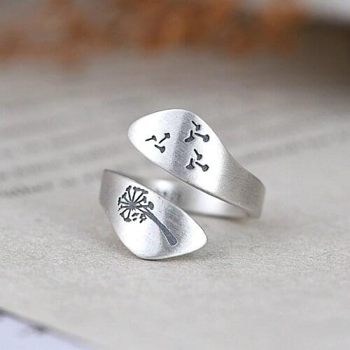 S925 Silver Retro Thai Silver Craft Ring Womens Open Dandelion Flower Jewelry