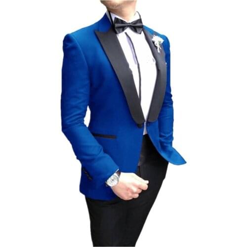 Royal Blue Men Suits Groom Tuxedos Peak Lapel Groomsmen Suits 2 Piece One Button for Groom Suits With Set (Blazer + Pants)