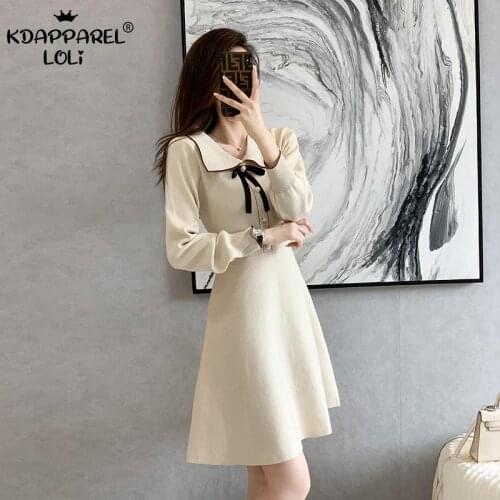 Autumn 2021 French Womens Knitted Dresses Winter High Waist A-Line Solid Color Lapel Full Sleeve Sweet Girls Office Lady Spring