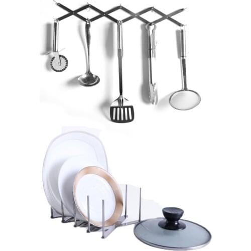 Retractable Storage Rack Kitchen Utensil Organizer Stainless Steel Pot Lid Adjustable Extended Storage Rack Spoon Plate Holder