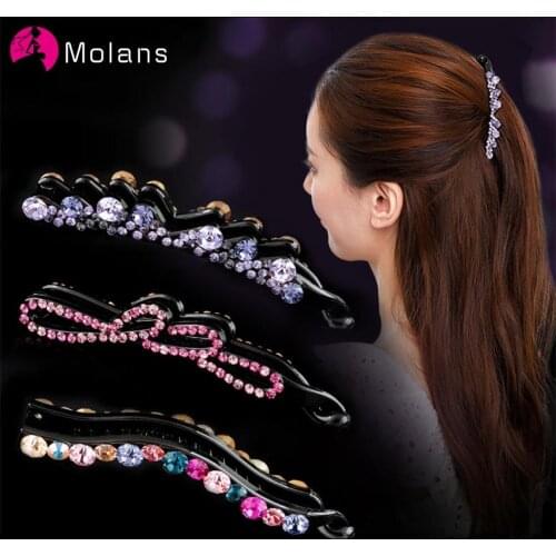 Molans Fashion Rhinestone Hairpins Muti-color Diamond Twist Hairpin Plastic Banana Clip for Girls Hair Grips Hair Accessories
