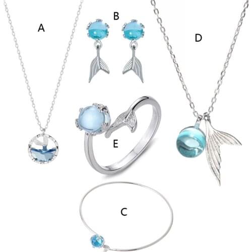 Blue Sea Crystal Mermaids Stud Earrings Women Beauty Fishtails Bracelet Rings Mermaids Pendant Necklace Fashion Jewelry