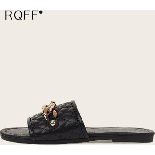 Outside Slippers Women 2021 Summer New Fashion Open Toe Flat with Metal Decoration Slides Black White Handmade Shoes Size 42