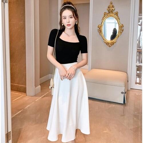 Women Elegant Vintage Casual Black Bodycon Square Collar Short Sleeve Top T-Shirt OL High Waist White A-Line Skirt 2 Pieces Set