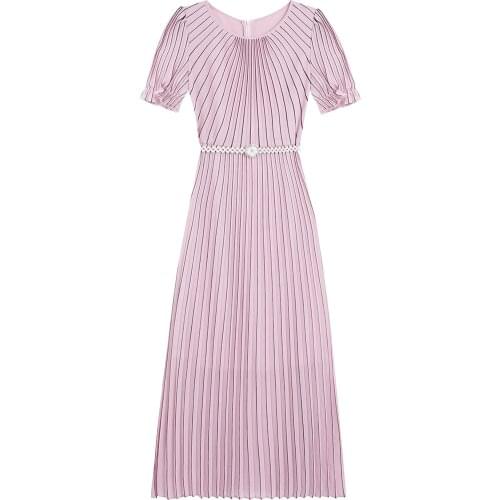 2021 Summer New Dress Women Solid Blue Long Dress A-Link Dress O-NECK Dress With belt