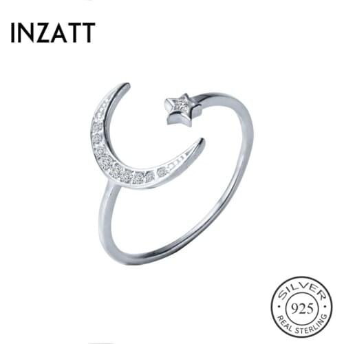 INZATT Real 925 Sterling Silver Romantic Zircon Star Moon Opening Ring For Fashion Women Minimalist Fine Jewelry Cute Gift