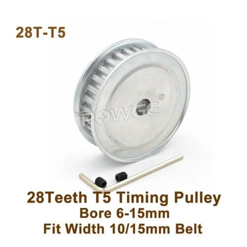 POWGE 28 Teeth T5 Timing Pulley Bore 6-15mm Fit W=10/15mm T5 Synchronous Belt 28T 28Teeth T5 Timing Belt Pulley 28-T5