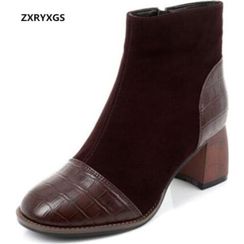 ZXRYXGS Top Cowhide Frosted Cowhide Splicing Autumn Single Boots Martin Boots Women Shoes Large Size High Heel Winter Snow Boots