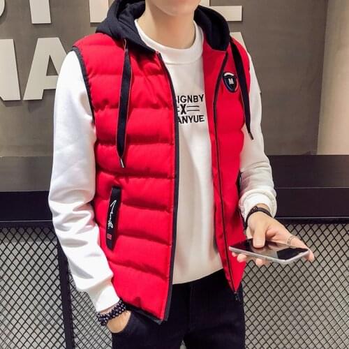 2019 Fashion Red Winter Vest Men Hooded Windbreaker Down Cotton Slim Vest Coat Men Warm Gilet Casual Sleeveless Jacket Man Vest