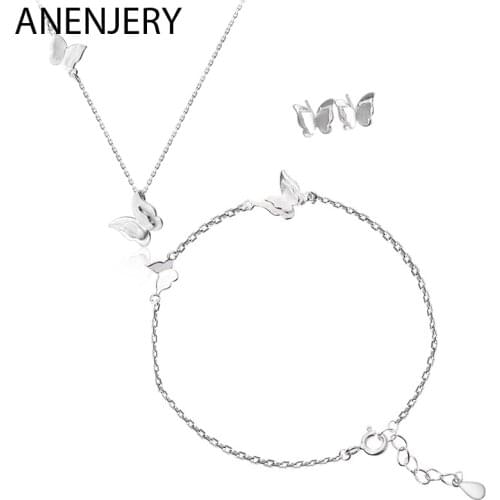 ANENJERY 925 Sterling Silver Sweet Butterfly Necklace+Earrings+Bracelet Jewelry Sets For Women
