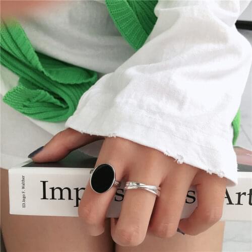 925 Sterling Silver Jewelry Black Drop Glaze Oval Shaped Open Ring For Women Party Geometric Gifts Wholesale S-R696