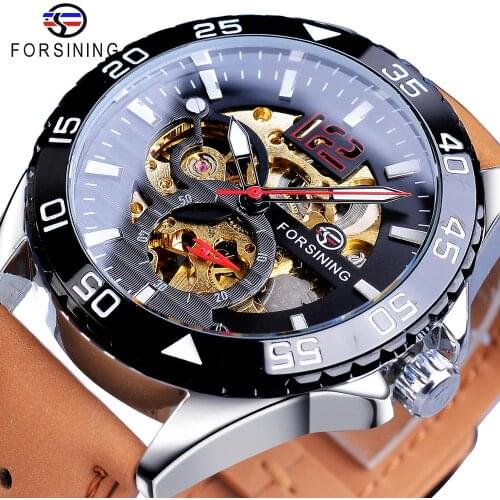 Forsining 2019 Hot Sale Mechanical Watch Male Automatic Creative Half Color Brown Leather Belt Couple Watches Relogio Masculino