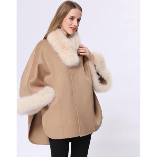 Cashmere Cape Fox Fur Collar Long Wool Coat Elegant Sweet Style Women Shawl Oversize Female Cape Winter Outwear