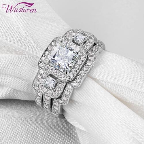 Wuziwen 3 Pieces Wedding Ring Set For Women 925 Sterling Silver Princess Cut AAAAA CZ Engagement Rings Classic Jewelry Size 5-12