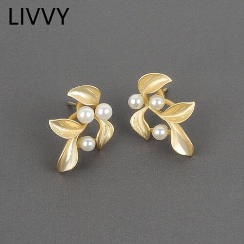 LIVVY Silver Color Leaf Pearl Weddiing Stud Earrings for Women Trendy Elegant Accessories Jewelry Gift Prevent Allergy