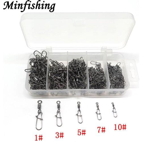 Minfishing 250 PCS/Set Rolling Swivel MS+ZQ Fishing Swivel Snap Hook Accessories Ocean Rock Fishing With Transparent Retail Box