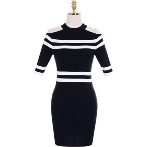 PERHAPS U Blue Black Tank Short Sleeve Cold Shoulder Stripedknitted Sexy Mini Dress Club Sheath Bodycon O Neck Summer D0700