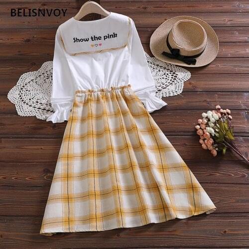 2021 Japanese Style Spring Autumn School Uniform Girls Plaid Dresses Fake Two Piece Sailor Collar Embroidery Dress For Female