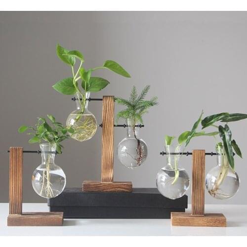 Desktop Hanging Glass Libra Planter Bulb Vase Plants Office Desk Wedding Decor with Retro Wooden Stand