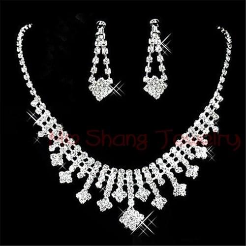 Small Square Full Crystal Wedding Bridal Prom Rhinestone Necklace&Earrings Jewelry Sets For Women Valentines Day Gift