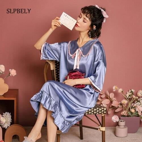 SLPBELY Women Nightdress Nightgown Spring Summer Ice Silk Sweet Bow Doll Collar Lovely Nightshirt Sleepwear Homewear Night Dress