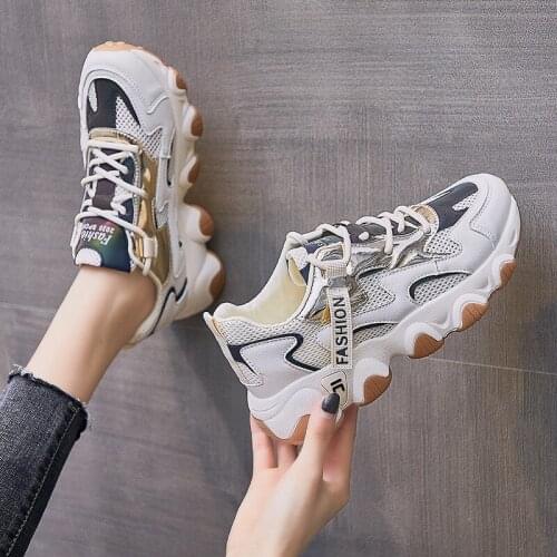 2021 Spring New Womens Dad Sneakers Korean Mesh Sports Shoes Female Street White Flat Casual Footwear Women Platform Shoes