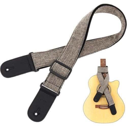 PU Leather Head Cotton & Linen Guitar Strap Double Fabric with Plectrum Pocket for Acoustic Electric Bass Guitar