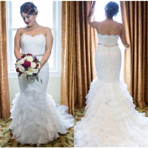 Luxury Wedding Dresses Mermaid Sweetheart Ruffle Train Lace Crystal Diamond Sash 2021 New Design Bride Dresses Custom Size