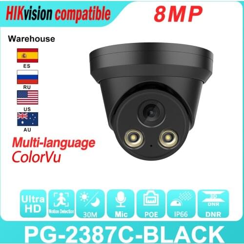 Hikvision Compatible IP Dome Camera ColorVu 8MP PoE Built-In Mic H.265 Onvif IR Distance 30M Motion Detection IP66 Waterproof