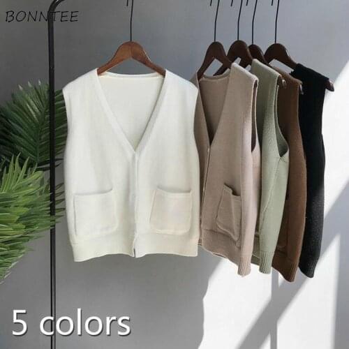 Sweater Vest Women Solid Pockets Simple Student Korean Style All-match Comfortable Stylish Leisure Knitted Loose Female Clothing