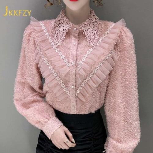 Spring Lace Patchwork Shirt and Blouse Women Elegant Pink Sweet Ruffle Solid Hollow Out Fashion Office Top Female Party Clothes