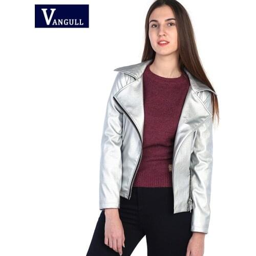 Vangull Spring Lapel Oblique Zipper Crop Pu Jacket 2018 Punk Style Silver Bandage Women PU Leather Jacket Coat Casual Crop Tops