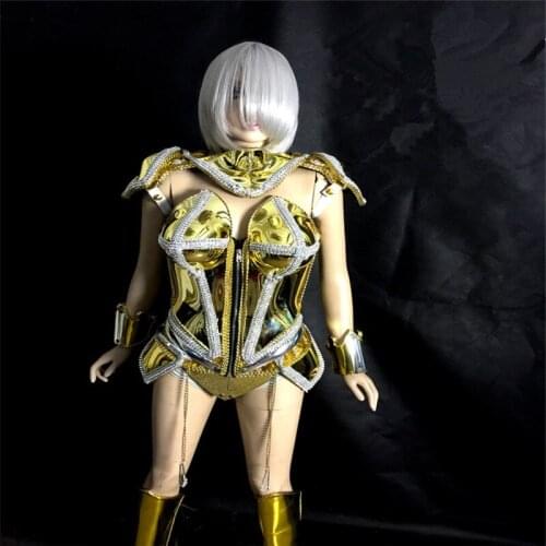WX28 Gold mirror ballroom dance led light costume catwalk performance outfit dress robot armor women bodysuit clothe cosplay bar