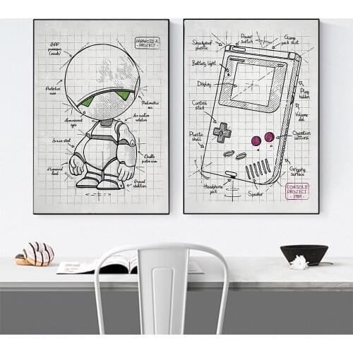 Funny Robot Bending Unit Print Poster Casle Plan Quote Retro Wall Art Painting Science Consol Game Canvas Boy Room Decor Picture