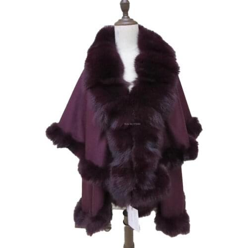 Genuine Fox Fur Real Cashmere Cape For Women Winter Shawl Wraps Poncho Wine Red