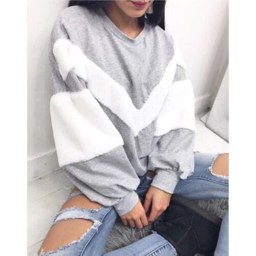 2018 Autumn Winter Faux Fur Hoodies Women Loose Oversize Sweatshirt Female V Shape Geometric Patchwork Pullovers Ladies Jumper