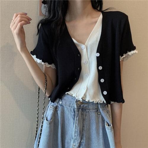 Woman TShirts -Piece V-neck Sweater Top Womens Summer Short-Sleeved Cardigan Coat Crop Top Mujer Camisetas