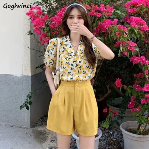Women Sets Kawaii Short Puff Sleeve Trendy Printing Loose High Waist Wide Leg Shorts Retro Korean Style Streetwear Chic Female