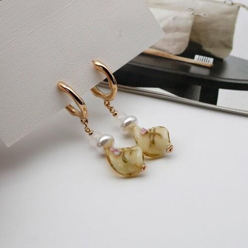 Vintage Earrings For Women Enamel Flower Glass Cream Pearl Drop Heavy Earring Irregular Zinc-Alloy Gold Plating Crystal 202189