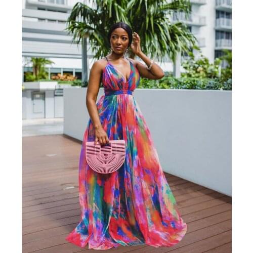 Echoine Colorful Tie Dye Print Strap Maxi Long Dress Ladies Party Night Clubwear V-neck Backless Sheer Mesh Vintage Vestidos
