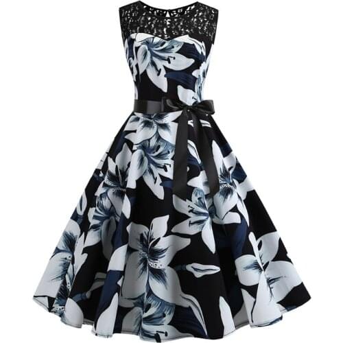 Print Summer Dress Women Elegant Vintage Casual Rockabilly Lace Patchwork Party Dress Plus Size High Waist