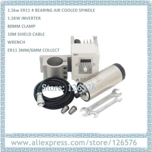 1.5Kw air cooled spindle motor ER11 D80mm 4 bearing + 1.5kw AC220V VFD Inverter + 80mm Aluminum bracket + shield cable