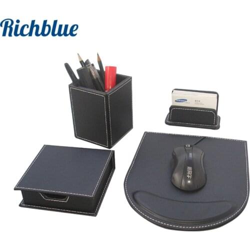 Simple 4PCS /Set Wooden PU Leather Storage Boxes Desk Set Office Organizer Pen Holder Note Case Card Stand Mouse Pad T95