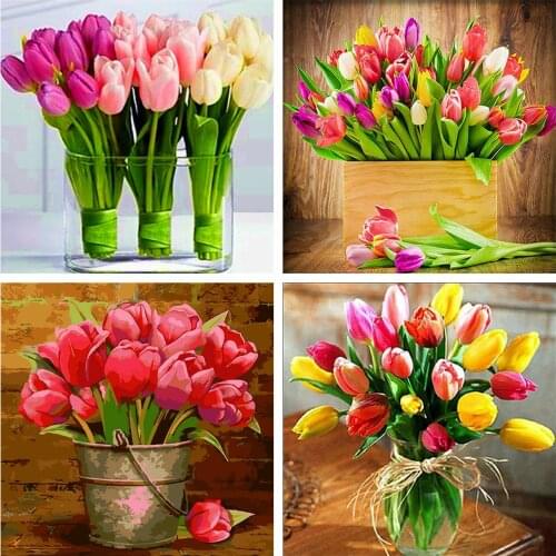 5d Diamant Schilderij Met Vierkante Steentjes Tulp Vaas Diamant Borduurwerk Kruissteek Mozaïek Bloem Handwerk