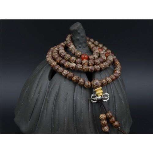 7mm Tibetan Buddhism 108 Gold-Line Bodhi Mala Prayer Beads Necklace