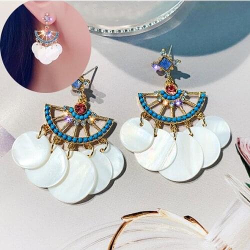 Bohemian Blue Rhinestone Beaded Shell Tassel Drop Earrings Ethnic Carved For Women Vintage Stone Boho Ladies Earrings