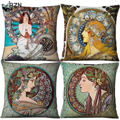 Classical Mucha Gallery Beauty Linen Decorative Throw Green Pillows Case Set Decor Home Cartoon Cushion Covers for Sofa Car