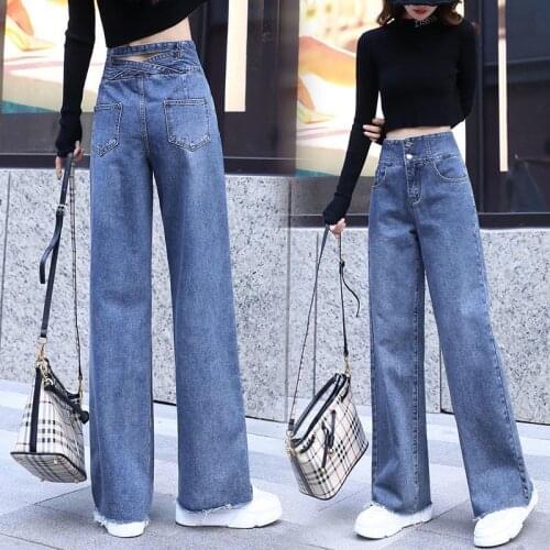 Boyfriend Straight Mom Jeans Streetwear Wide Leg Jeans for Women Blue Loose Pants High Waist Casual Large Size Straight Pants