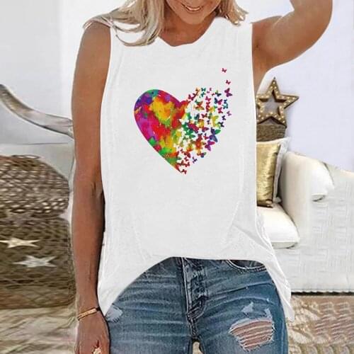Seeyoushy T-shirts Women Love Heart Butterfly Print Women T-shirt Sleeveless Summer Sweet Tees Tops Aesthetic Harajuku Shirt